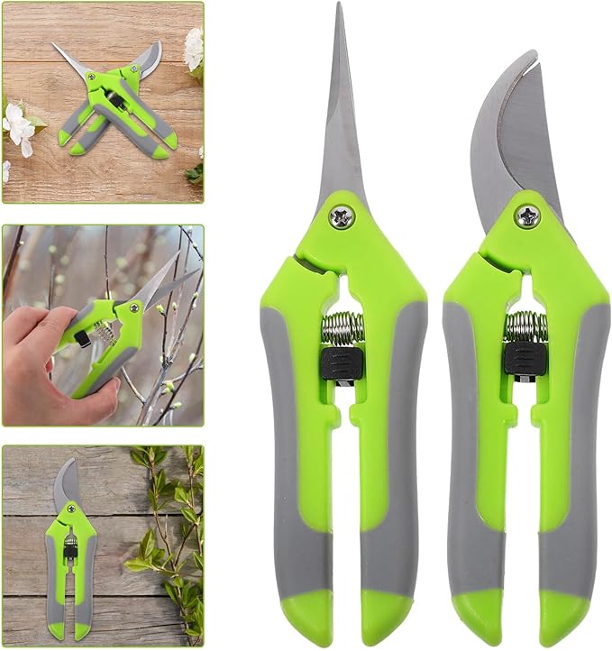 HANABASS 2pcs Garden Pruning Shears and Floral Flower Scissors for Gardening and Fruit Tree Trimming, Green Steel Curved Blade Hand Tools for Plant Pruning and Stem Cutting