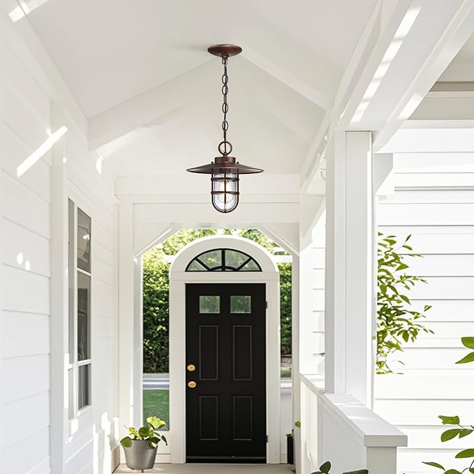 Oil Rubbed Bronze Outdoor Pendant Light,Weatherproof Anti-Rust 12''H Hanging Porch Light with Seeded Glass Shade Bulb Included,Outside Lantern Chandelier 70'' Adjustable Chain for Patio Garden