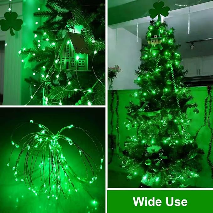 QITONG 4 Pack Solar St. Patricks Fairy Lights, Each 33ft 100 LED Green Christmas String Light Outdoor Waterproof, 8 Modes Silver Wire Twinkle Mini Lights