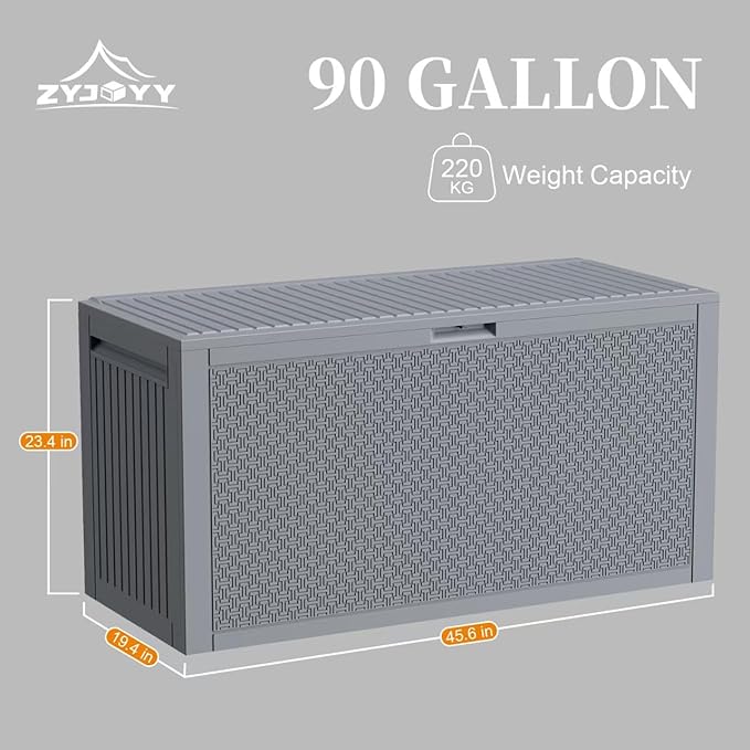 ZYJOYY Outdoor Storage Box, 90 Gallon Deck Box, Waterproof Resin Storage Box for Patio Cushions, Gardening Tools, Lockable, UV Resistant, Grey