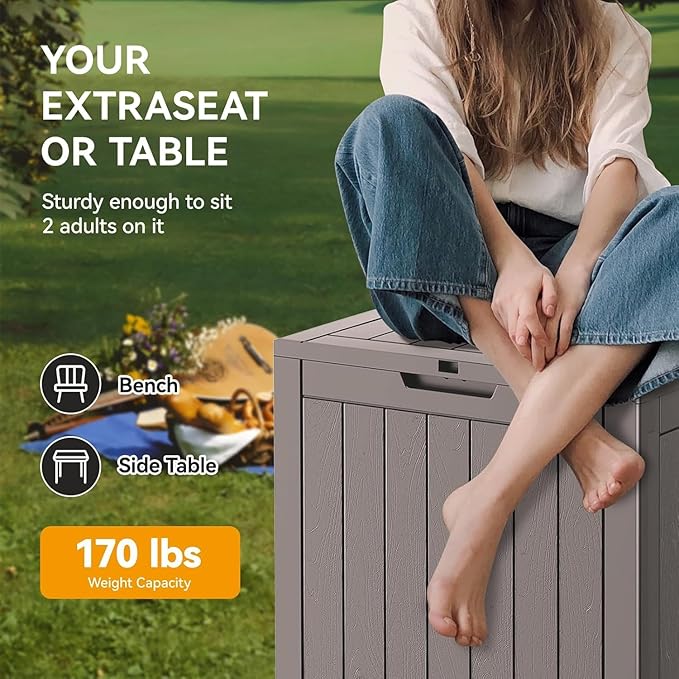 WTFGO 32 * 2 Gallon Outdoor storage deck Box Waterproof ，garden tool,backyard cushion,poolside toy storage,Smalldelivery boxes for outside,Two Boxes/set (Wood-like Striped Gray