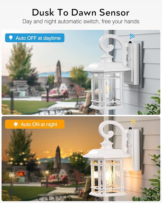 VIANIS White Exterior Lighting Fixtures, 2 Pack Porch Lights Outdoor, Outdoor Wall Lights Dusk to Dawn, Anti-Rust Outdoor Lighting for House, Porch, Garden, Doorway, Seed Tempered Glass