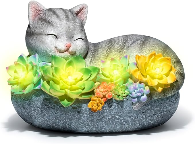 basen Solar Sleeping Cat Outdoor Garden Decor, Resin Cat Figurine with Colorful Succulent Flowers, Solar Powered LED Light, Waterproof Yard Lawn Patio Ornament, Cute Animal Gift for Home Garden
