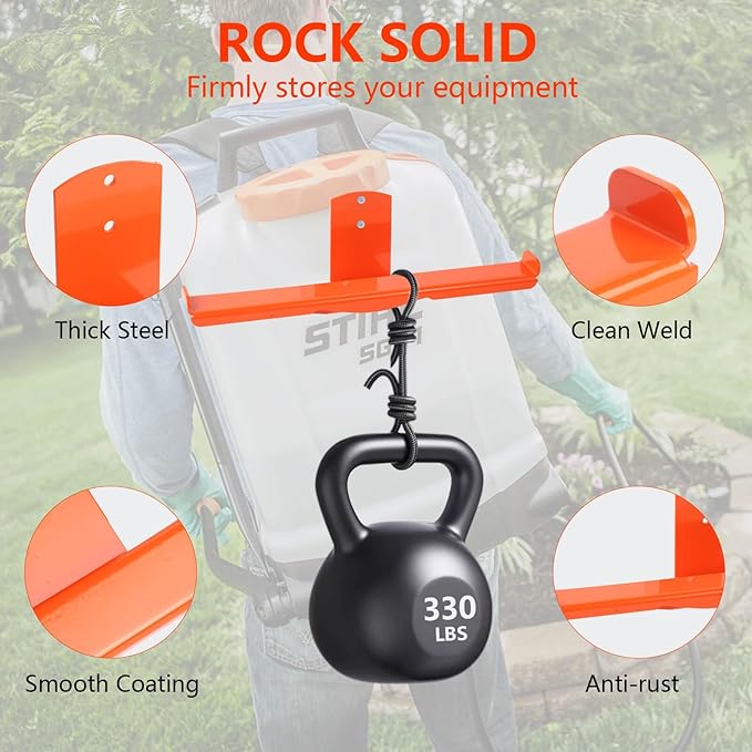 Backpack Blower Rack with Hose Holder - Heavy Duty Backpack Sprayer Wall Mount with Dual-Sided Hooks, Space-Saving Backpack Hanger for Weed Eater, Hedge Trimmer and Chain Saw, 330lbs Load Capacity