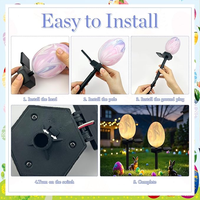 2 Pack Solar Easter Egg Lights Outdoor, Waterproof Solar Easter Yard Decorations Outdoor Easters Yard Stakes Lights for Outside Lawn Walkway Patio Cemetery Grave (Blending Colors)