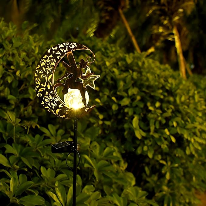 Solar Lights Garden Decorations Outdoor-Moon Fairy Lights with Crackle Glass Globe, Lawn Decorative Lights Waterproof Warm White LED, Decoration for Pathway Lawn Patio Courtyard Backyard(Moon Fairy)