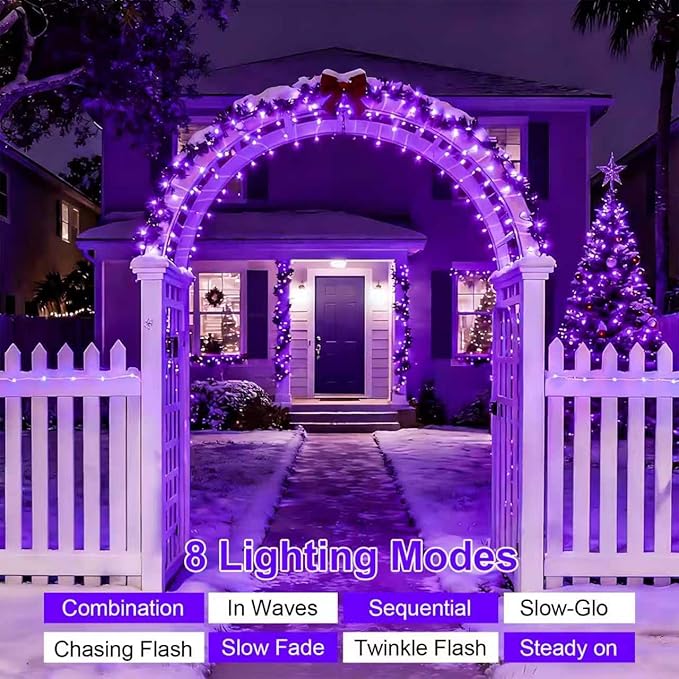 QITONG 4 Pack Solar Fairy Lights, Each 33ft 100 LED Purple Christmas String Light Outdoor Waterproof, 8 Modes Silver Wire Twinkle Mini Lights
