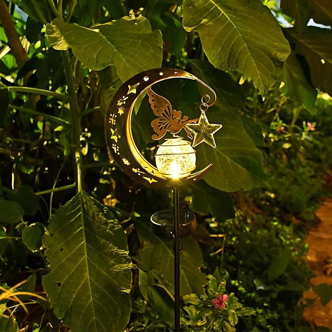 Solar Lights Garden Decorations Outdoor-Moon Fairy Lights with Crackle Glass Globe,Lawn Decorative Lights Waterproof Warm White LED, Decoration for Pathway Lawn Patio Courtyard Backyard(Moon Elf)