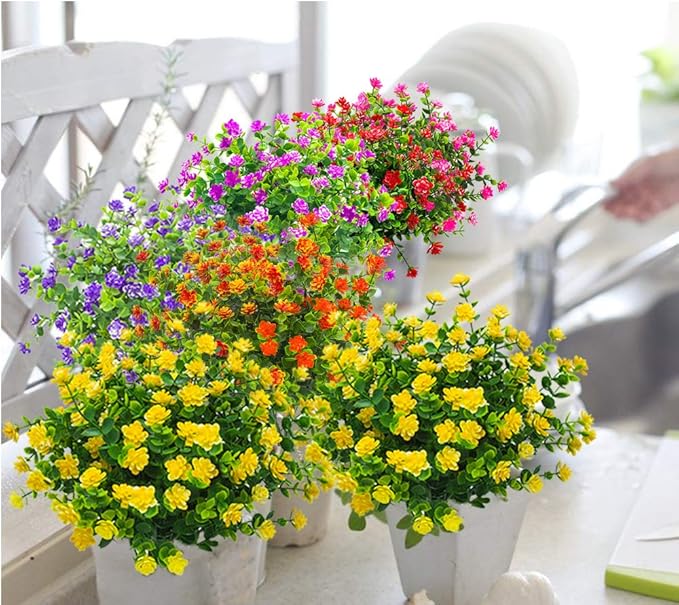 10 Bundles Artificial Fake Flowers, Faux Outdoor Plastic Plants UV Resistant Shrubs Outside Indoor Decorations (Yellow-Eucalyptus)