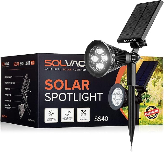 SOLVAO Solar Spot Light | Ultra Bright, Waterproof, Adjustable 270°, No Wiring, Portable | Auto On/Off Function | Rechargeable LED for Outdoor, Landscape, Wall, Fence, Yard, Driveway, Outside