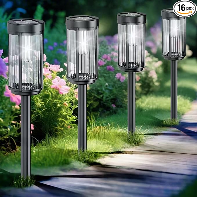 EXCMARK 16 Pack Outdoor Solar Lights Waterproof for Yard Garden Walkway Pathway Lawn Decorative Contemporary Landscape Lighting. (Cool White Light, 16)