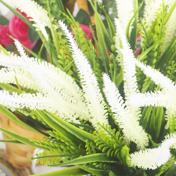 10 Bundles Artificial Plants Outdoor Fake Grass with Flowers UV Resistant Greenery Garden Porch Window Box Decorating (White)