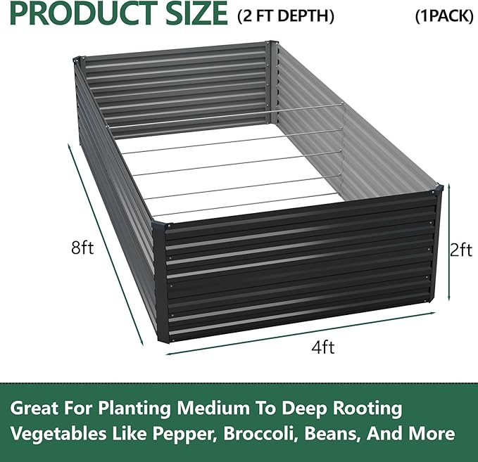 Vengarus 8x4x2FT Galvanized Raised Garden Bed Kit, Large Rectangle Elevated Planter for Vegetables, Flowers, Herbs and Succulents - 479 Gallon Capacity,Black