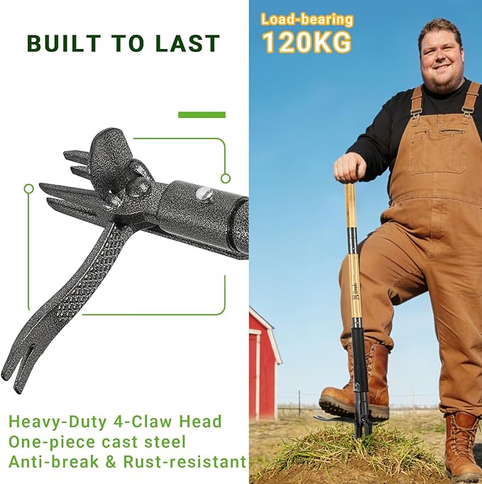 Weed Puller Tool, Heavy Duty Gardening Hand Tools with 4-Claw Steel Head & Dual-Eject Mechanism, 43.5" Bamboo Long Handle Stand Up Weeding Tool for Lawn Yard, Includes 16 Gallon Leaf Bag