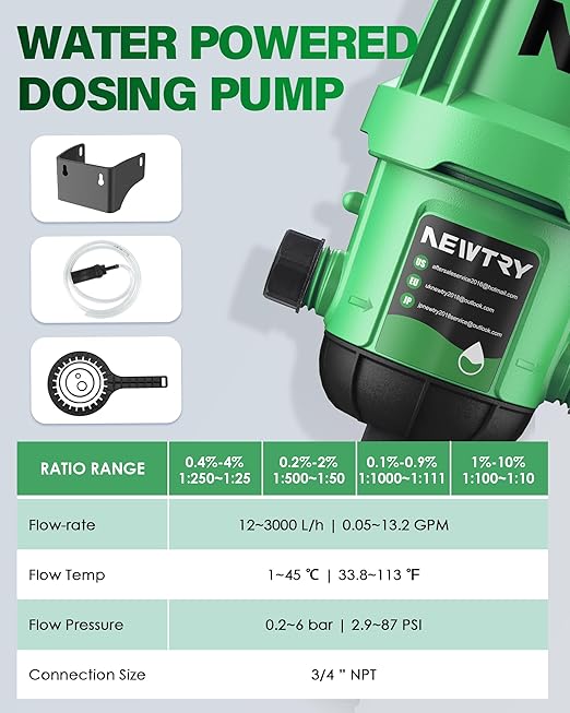 NEWTRY Fertilizer Injector for Drip Irrigation, 0.2%-2% Adjustable Dosing Pump, 3/4'' NPT Water Powered Liquid Doser for Garden, Greenhouse, Irrigation & Hydroponic System, Farm, Grow Tent Green
