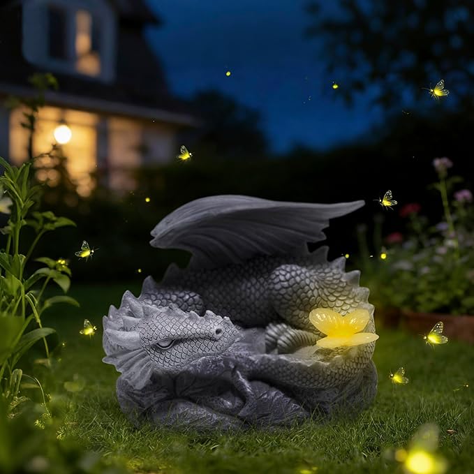 basen Solar Dragon Garden Statue Outdoor Decor, Resin Flying Dragon Figurine with LED Light, Solar Powered Fantasy Yard Art for Lawn Patio Porch Pathway, Weather Resistant