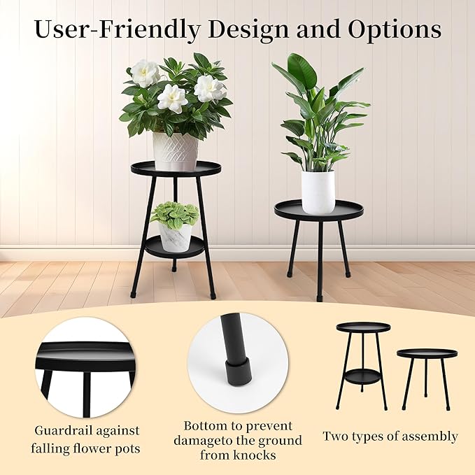 Jvtoo Metal Plant Stand, Plant Stand Indoor Outdoor, Metal Rustproof Flowers, Urban and Rustic Outdoor Plants Stands, Flower Pot Stand Suitable for Living Room, Balcony, Garden (Double Deck,Black)