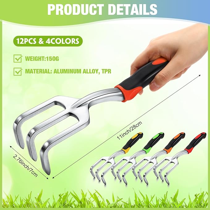Yaocom 12 Pcs Hand Rake Garden Tool Mini Heavy Duty Garden Cultivator 11 Inch Small Rake Gardening Aluminum Alloy Hand Tiller with Handle for Digging Weeding Loose Soil (Red,Orange,Yellow,Green)