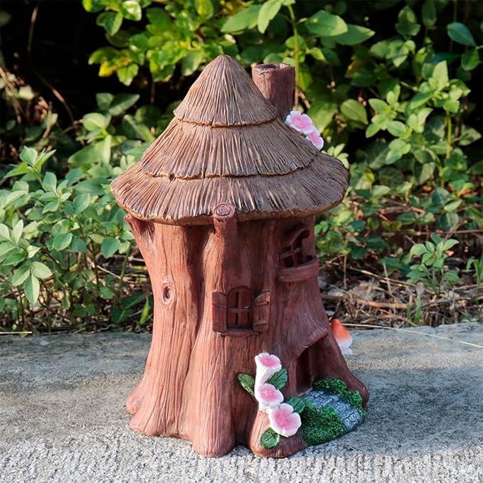 Solar Light Fairy Tree House - Fun Natural Figurine Sculpture with Solar LED Lights for Indoor Outdoor Art Decorations, Patio Yard Lawn Ornaments Gift