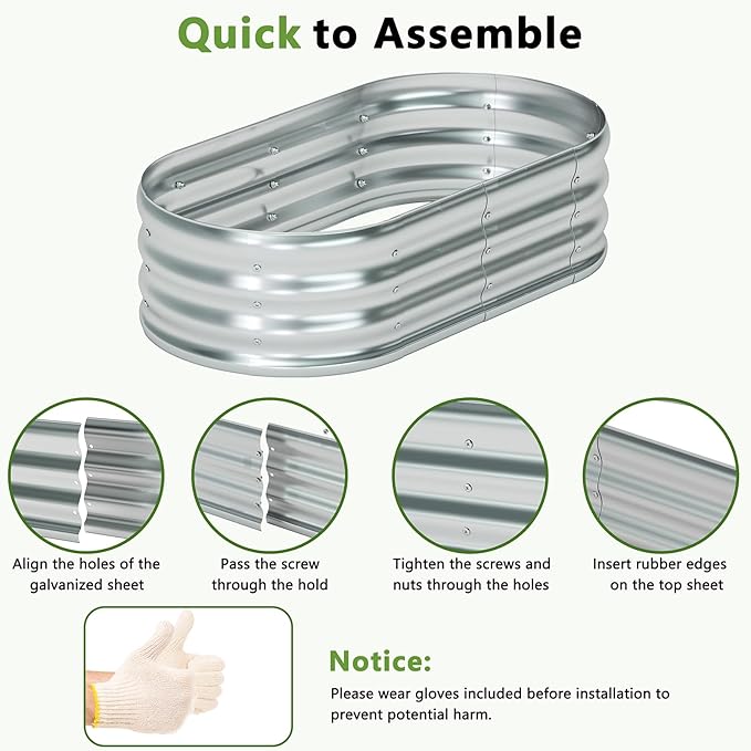 zizin 2 Pack Oval Galvanized Raised Garden Bed Kit 4x2x1ft Metal Planter Box for Outdoor Vegetables, Silver