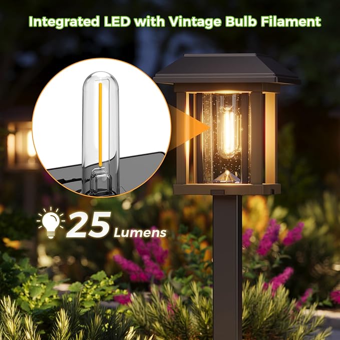 XMCOSY+ 4-Pack Solar Pathway Lights Outdoor, 25 Lumens Vintage Edison LED Landscape Lighting, IP65 Waterproof Seeded Glass & Metal Stakes Solar Powered Garden Lights for Yard Patio Walkway Driveway