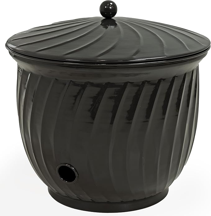Sunnydaze Metal Garden Hose Holder Pot with Lid - UV-Resistant 145-Foot Garden Hose Pot Holder - Black Glaze Finish