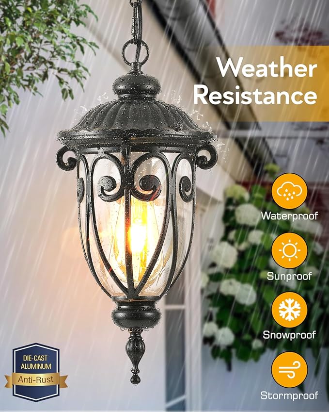 VIANIS Outdoor Pendant Light Lantern, Farmhouse Outdoor Chandelier, Vintage Outdoor Hanging Lights with Seed Glass, Brown Ceiling Lights for Porch, Porch Lights Ceiling for House