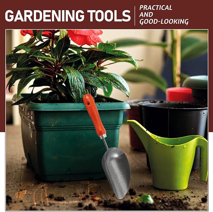 Housoutil 4pc Hand Garden Tools Set with Thick Painted Shovel, Rake, Narrow Trowel and Dual-Purpose Hoe, Sturdy Transplanting and Weeding Kit for Vegetable Gardens and Flower Pots