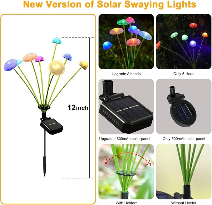 6 Pack Solar Garden Lights, 48 LEDs Swaying Mushroom Lights with 8 Lighting Modes, IP65 Waterproof Outdoor Decor for Garden, Yard, Patio, Pathway (Multicolor)