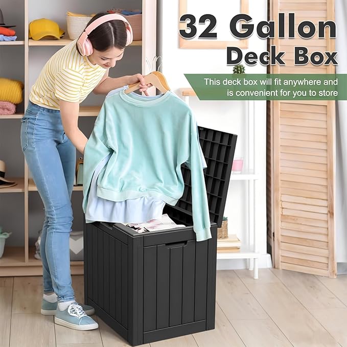 WTFGO Outdoor Storage Deck Box Waterproof, Garden Tool, Backyard Cushion, Poolside Storage, Small Resin Delivery Boxes for Outside, Lockable Lid (30 Gallon, Black)