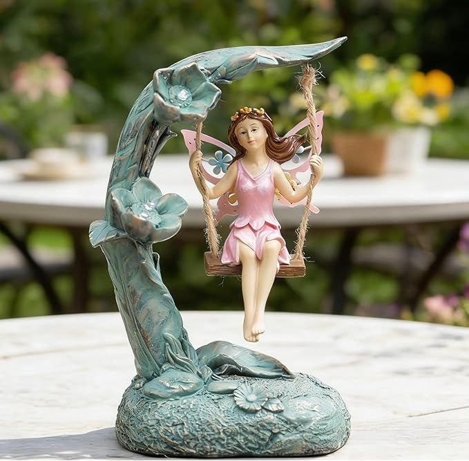 Garden Flower Fairy Outdoor Statue Decor Funny Swing Fairy Ornaments Figurines for Patio Lawn Yard Porch Outside Garden Gifts,9.05 Inches Tall ﻿ ﻿ ﻿