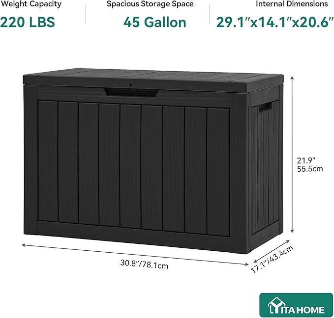 YITAHOME 45 Gallon Deck Box, Outdoor Storage Box for Patio Cushions, Outdoor Tools, Gardening Tools, Sports Equipment, and Throw Pillows, Lockable and Waterproof, Black