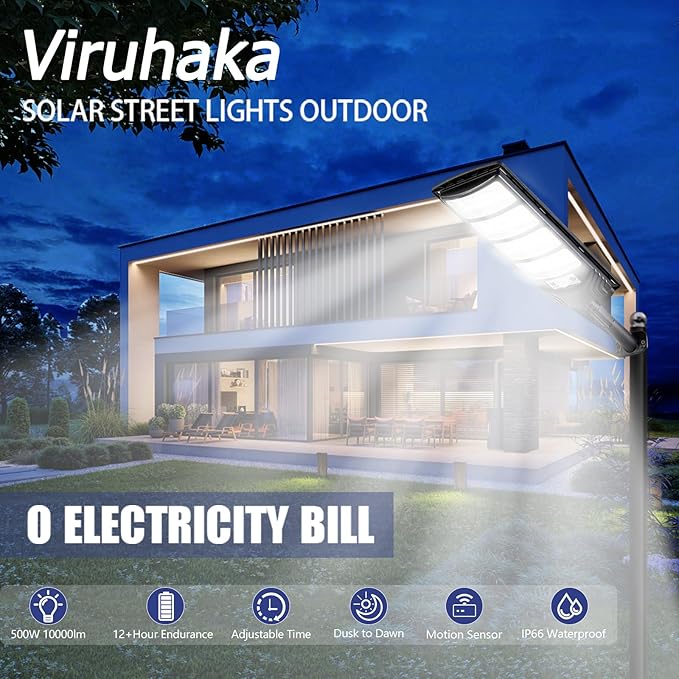 Viruhaka Solar Outdoor Lights,448LEDs Street Lights with 20000LM Hight Brightness, IP66 Waterproof Security Flood Light, Dusk to Dawn Solar Street Lights,for Exterior Wall, Patio, Yard, Deck, Garden