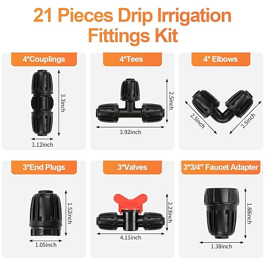 Copadri 21 Pieces1/2 Inch Drip Irrigation Fittings Kit, 1/2'' Drip Line Barbed Locked Connectors for 1/2 Inch Irrigation Tubing (1/2" ID x 0.640" OD) Coupling Tee Elbow Plug Valve Faucet Adapter