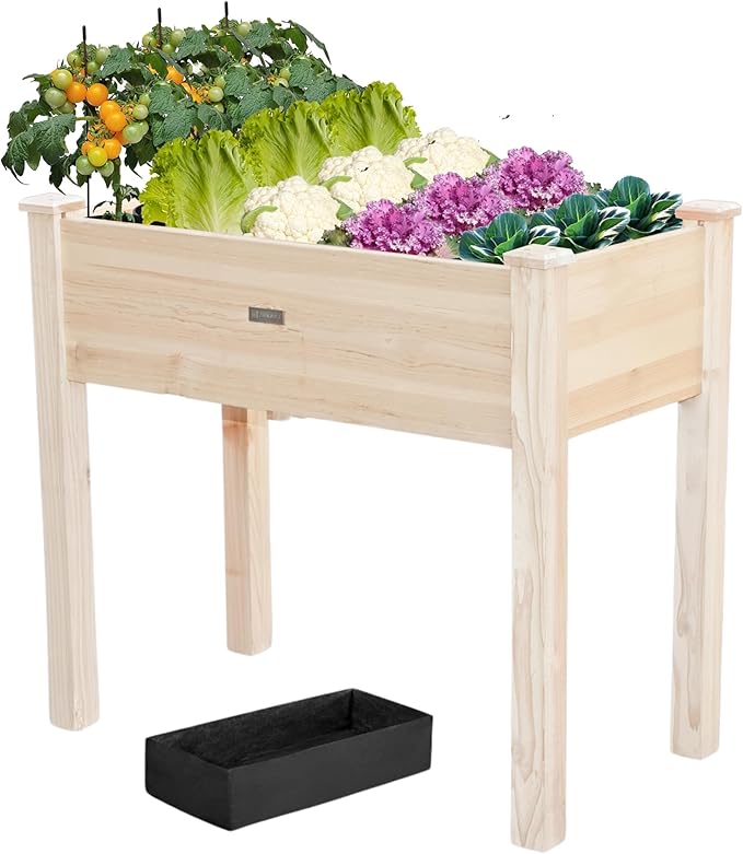 ZSYWODFO 34x18x30in Wooden Raised Garden Bed with Legs,Elevated Reinforced Planter Box with Bed Liner for Backyard/Patio/Gardener,150lb Capacity - Natural