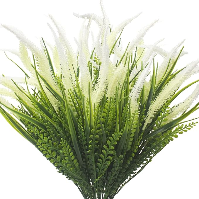 10 Bundles Artificial Plants Outdoor Fake Grass with Flowers UV Resistant Greenery Garden Porch Window Box Decorating (White)