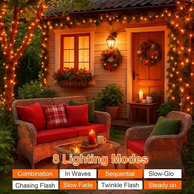 QITONG 4 Pack Solar Fairy Lights, Each 33ft 100 LED Orange Christmas String Light Outdoor Waterproof, 8 Modes Silver Wire Twinkle Mini Lights