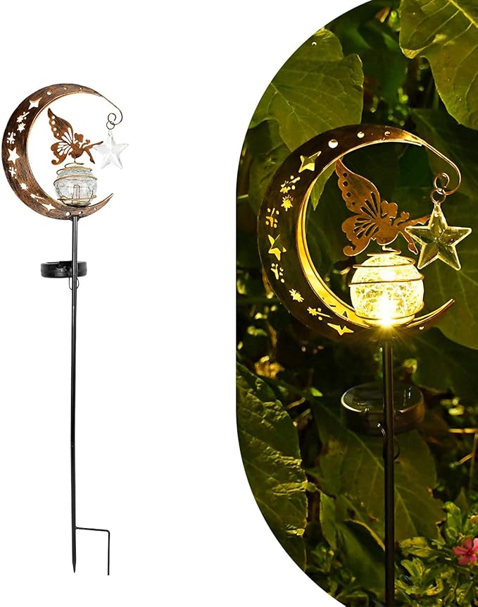 Solar Lights Garden Decorations Outdoor-Moon Fairy Lights with Crackle Glass Globe,Lawn Decorative Lights Waterproof Warm White LED, Decoration for Pathway Lawn Patio Courtyard Backyard(Moon Elf)
