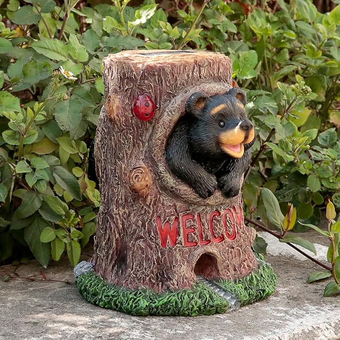 Solar Light Fairy Tree House with Bear Statue - Fun Natural Bear Figurine Sculpture with Solar LED Lights for Indoor Outdoor Art Decorations, Patio Yard Lawn Ornaments Gift