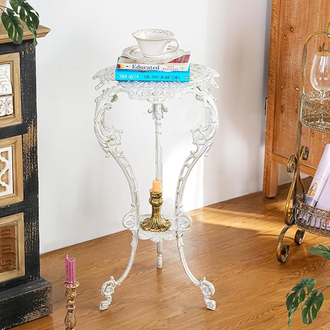 Sungmor Vintage Cast Iron Plant Stand - Ornate White Pedestal Table for Indoor Outdoor Garden, 27.5" Antique Metal Flower Pot Holder - Victorian Style Plant Display Stand, Patio, Porch, Balcony Décor