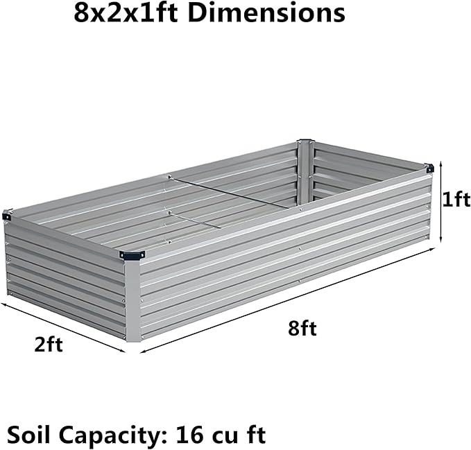 zunatu 8x2x1 ft(2 Pack) Galvanized Raised Garden Bed,Outdoor Planter Box Metal Patio Kit Planting Bed for Vegetables Flowers and Succulents,Silver