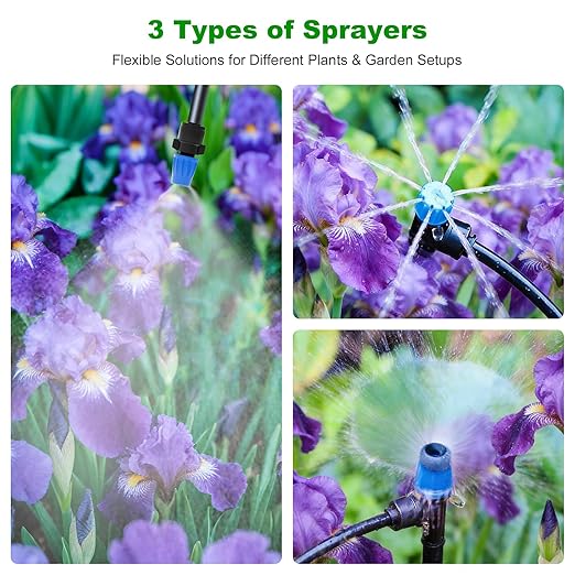 256FT Quick-Connect Drip Irrigation System Kit with 1/4” & 1/2” Fast-Lock Tubing, Adjustable Emitters & Sprinklers for Garden & Greenhouse