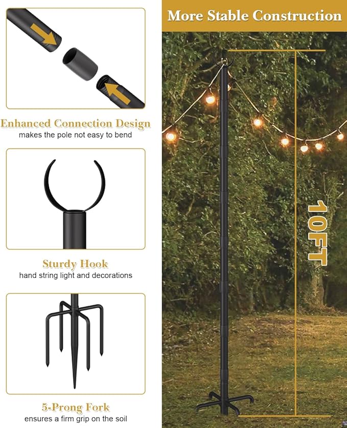 10Ft String Light Poles for Grass & Soil, Outdoor Light Stand with 5-Prong Fork Base, Heavy-Duty Metal Poles for Backyard, Garden & Patio Party Lighting, Rustproof & Adjustable, 2 Pack