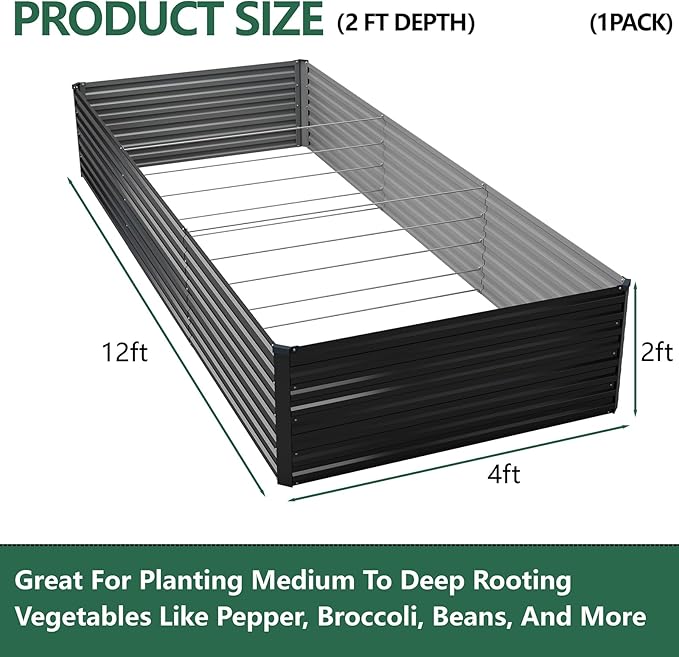 Vengarus 12x4x2FT Galvanized Raised Garden Bed Kit, Large Rectangle Elevated Planter for Vegetables, Flowers, Herbs and Succulents - 718 Gallon Capacity, Black