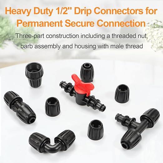 Copadri 21 Pieces1/2 Inch Drip Irrigation Fittings Kit, 1/2'' Drip Line Barbed Locked Connectors for 1/2 Inch Irrigation Tubing (1/2" ID x 0.640" OD) Coupling Tee Elbow Plug Valve Faucet Adapter