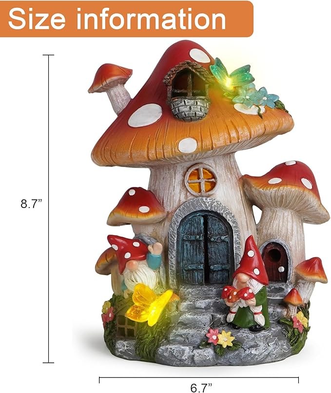 basen Solar Mushroom House Garden Statue Outdoor Decor, Resin Fairy Gnome House with LED Light, Solar Powered Whimsical Yard Art for Lawn Patio Porch Pathway, Weather Resistant