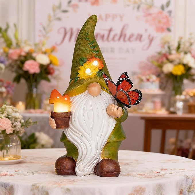 Garden Gnomes Outdoor Garden Decor-Resin Gnome with Solar Outdoor Lights Decorative Mushroom and Vivid Butterfly Spring Gnomes Decorations for Yard Decor,Gardening Gifts for Women