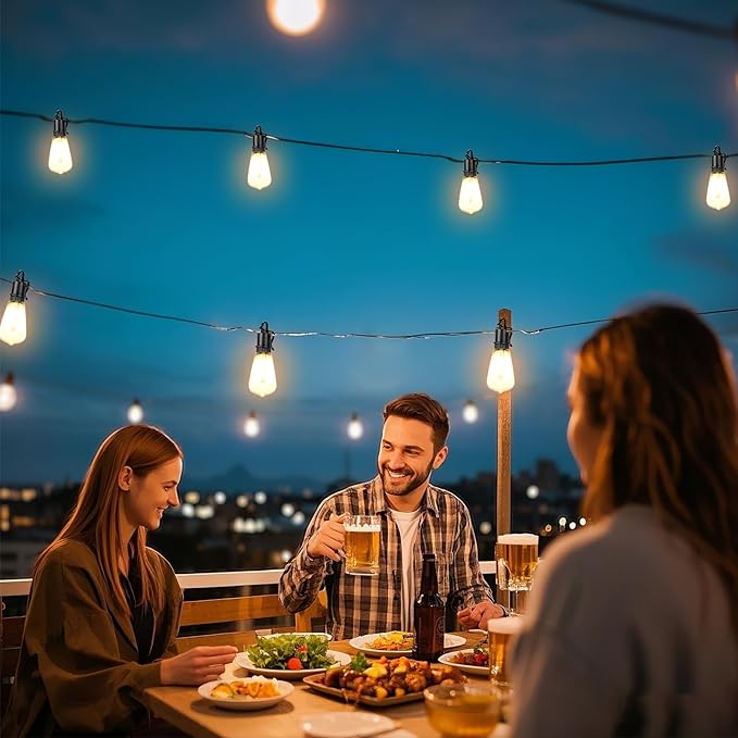 50FT Solar String Lights Outdoor with Remote, IP65 Waterproof Shatterproof ST38 LED Bulbs, 2700K Dimmable Outside Hanging Lights for Patio, Garden, Camping, Deck, Backyard Decor