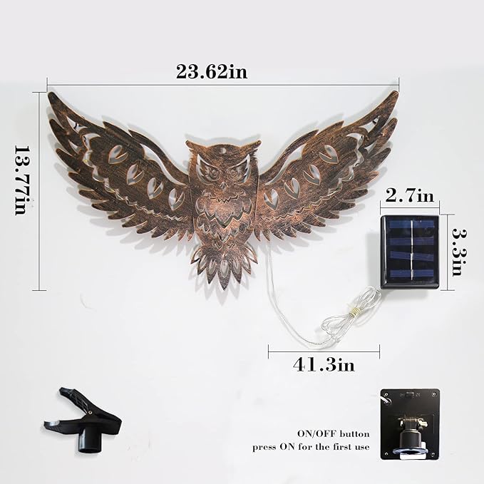 Solar Outdoor Wall Decor Lights Owl Hanging Wall Light Outdoor Metal Solar Garden Lights Porch Patio Yard Decorative Large 23.62inch Warm White
