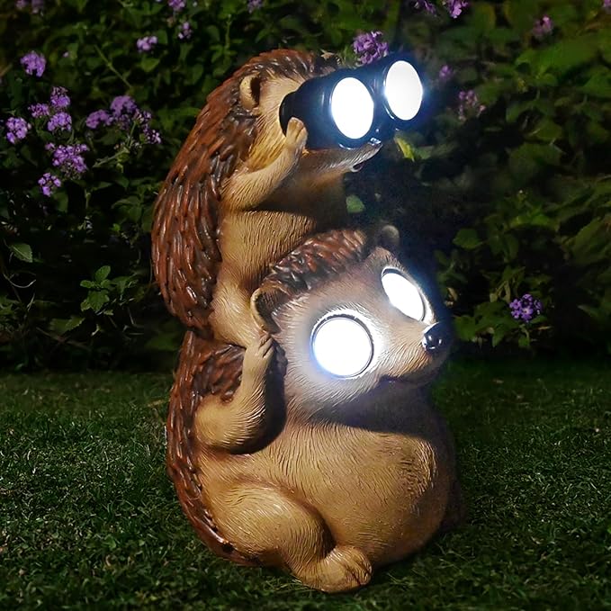 Garden Decor Solar Outdoor: Hedgehog Statue Animal Lights Outside Decorations Backyard Funny Sculptures Cute Figurines Gifts for Father Husband Anniversary Housewarming